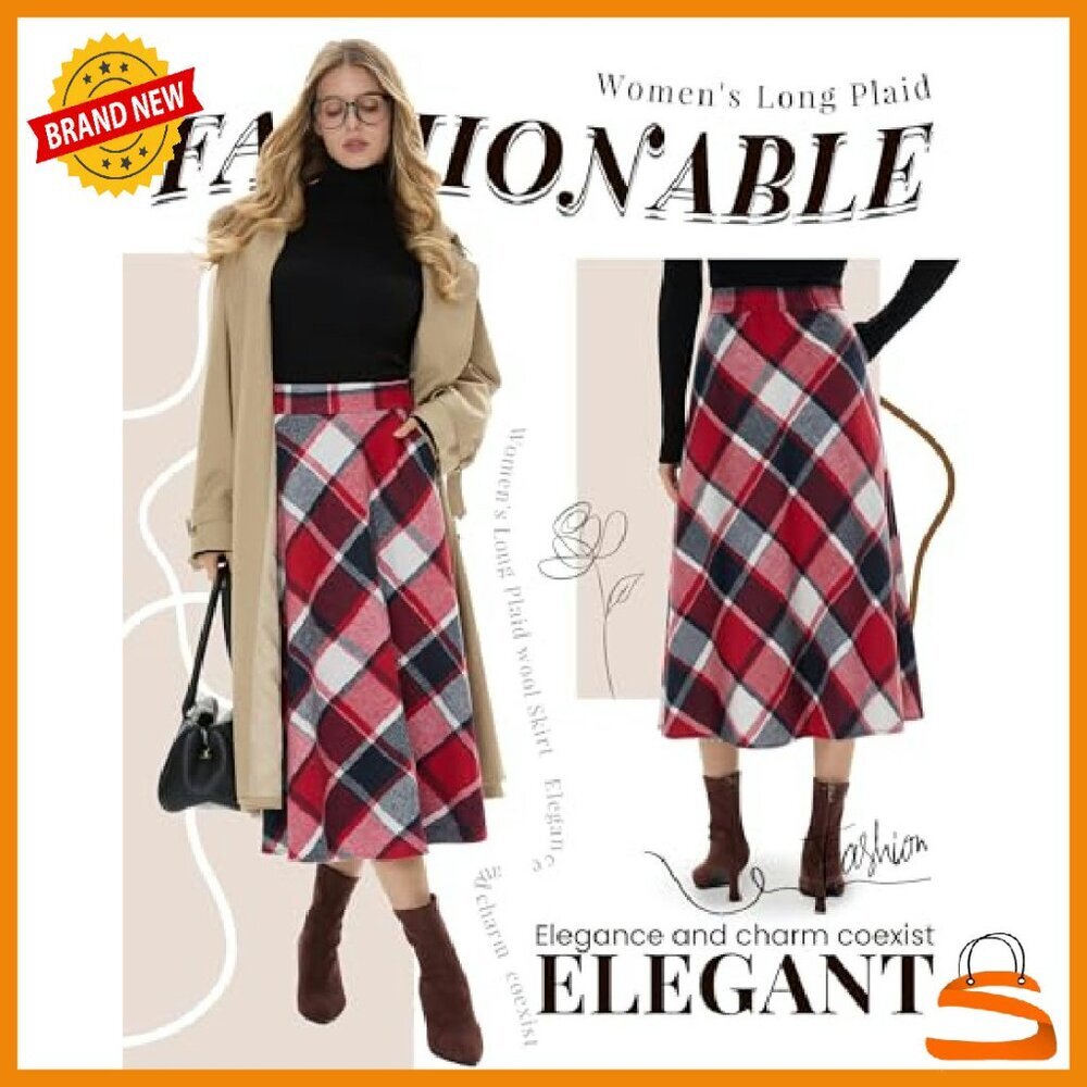 Women's Long Plaid Skirt High Elastic Waist A-Line Flared Maxi Wool Blend - Picture 3 of 8